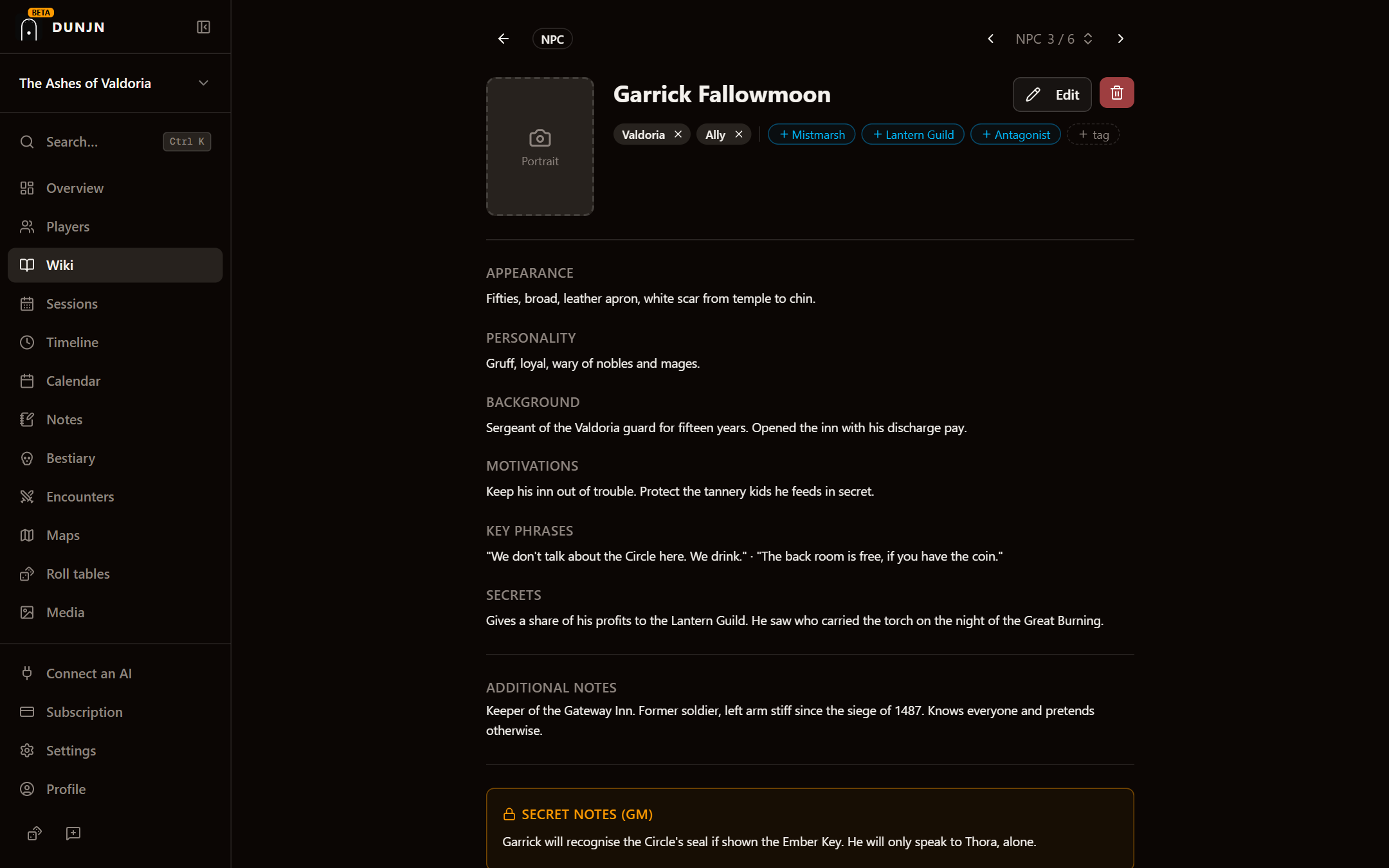 An NPC page in the Dunjn wiki, with relations and tags