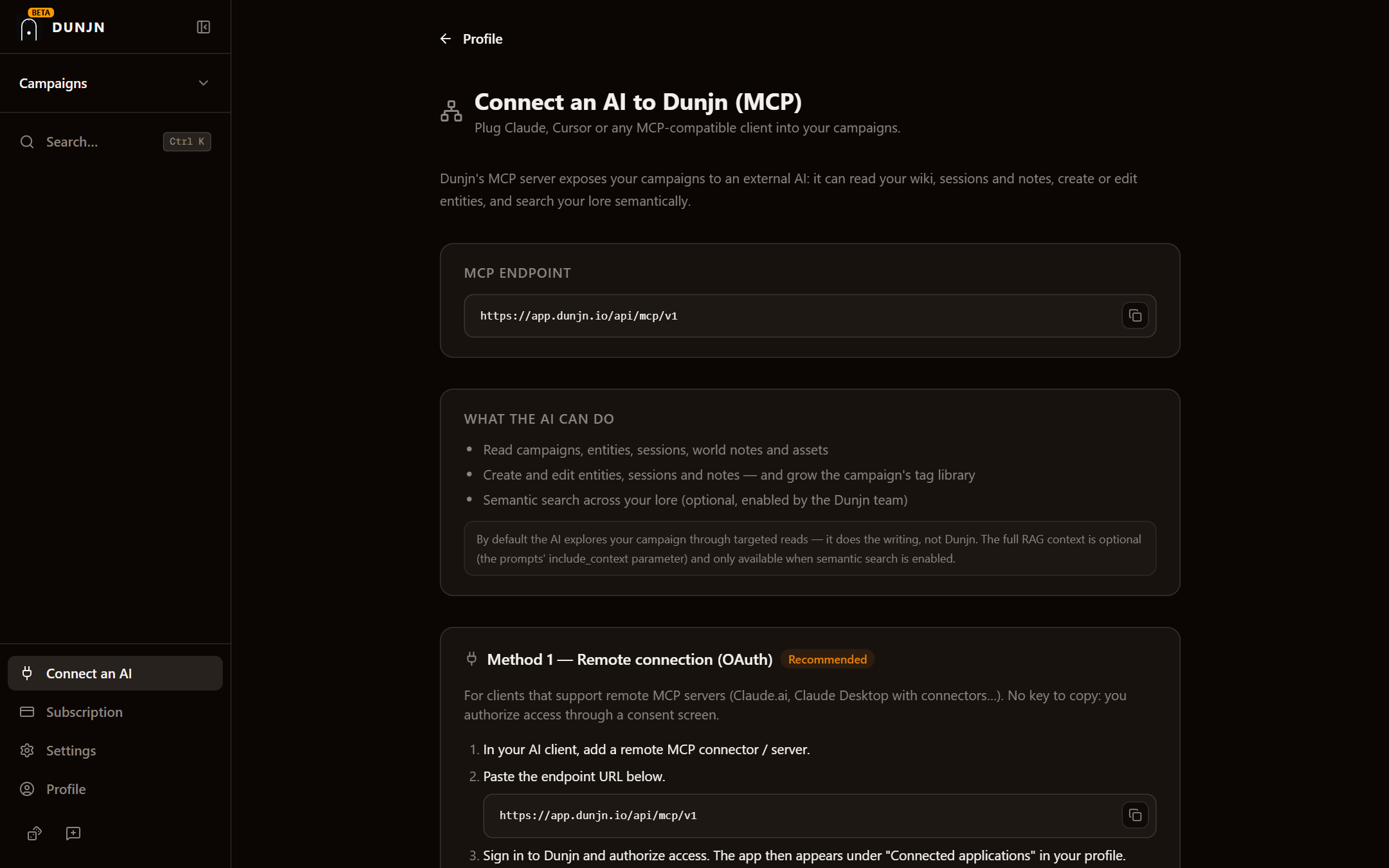 Screen connecting an AI to Dunjn